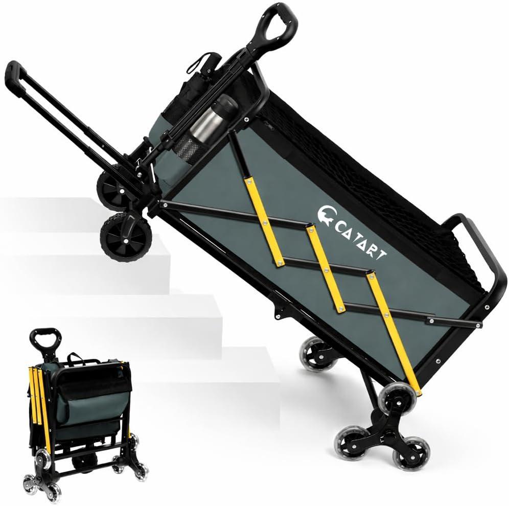 Folding Utility Cart with Triangular Wheels, 2 in 1 Collapsible Wagon for Stairs, Multi-Scene Stair Climbing Wagon, Lightweight Hand Truck with Telescoping Handle for Grocery, Laundry, Moving, Office