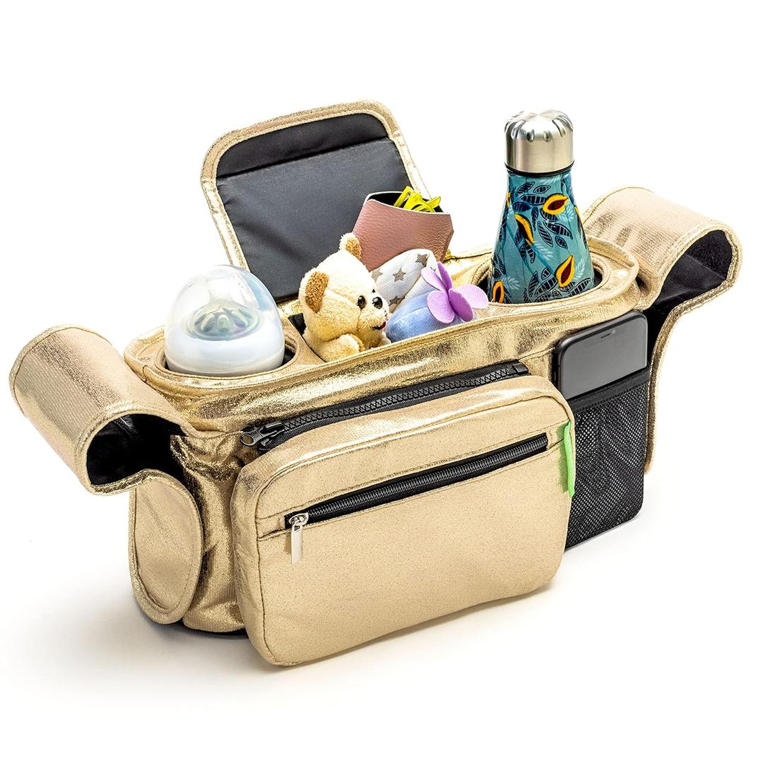 Ethan & Emma Universal Stroller Organizer. Elevate Your Experience w/Insulated Cup Holders, Diaper Storage, Secure Straps, Detachable Bag, Pockets for Phone, Keys, Toys. Smart Parents (Gold)