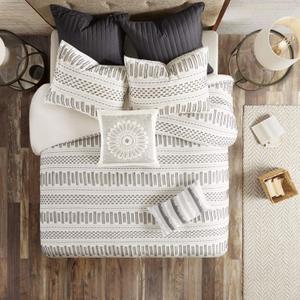 INK+IVY Luxurious Cotton-Bedding Set - Mid Century Trendy Geometric Design, All Season Cozy-Cover With Matching-Shams, King/Cal King, Rhea Jacquard Ivory/Charcoal, Comforter Set K/Cal K