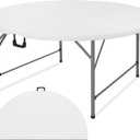 5 FT Round Folding Tables with Carrying Handle 60 inch Heavy Duty Portable Plastic Commercial Table Steel Legs for Party, Dining, Wedding, Events, Picnic Indoor, Outdoor (White, Pack of 1)