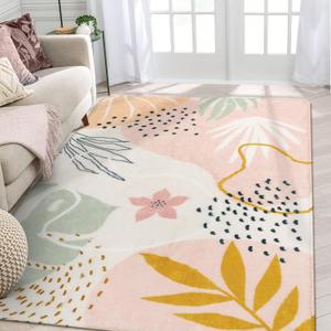 Lahome Pink Carpet for Living Room - 4'x6' Area Rug for Bedroom Washable Non-Slip Boho Rug Throw Cute Soft Nursery Kids Rug, Abstract Botanical Print Indoor Rugs for Kitchen Entryway Laundry Dining Room