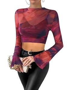 Remidoo Women's Mesh Top Mock Neck Bell Long Sleeve Crop Top Sheer Tops Tie Dye Shirt Red Large