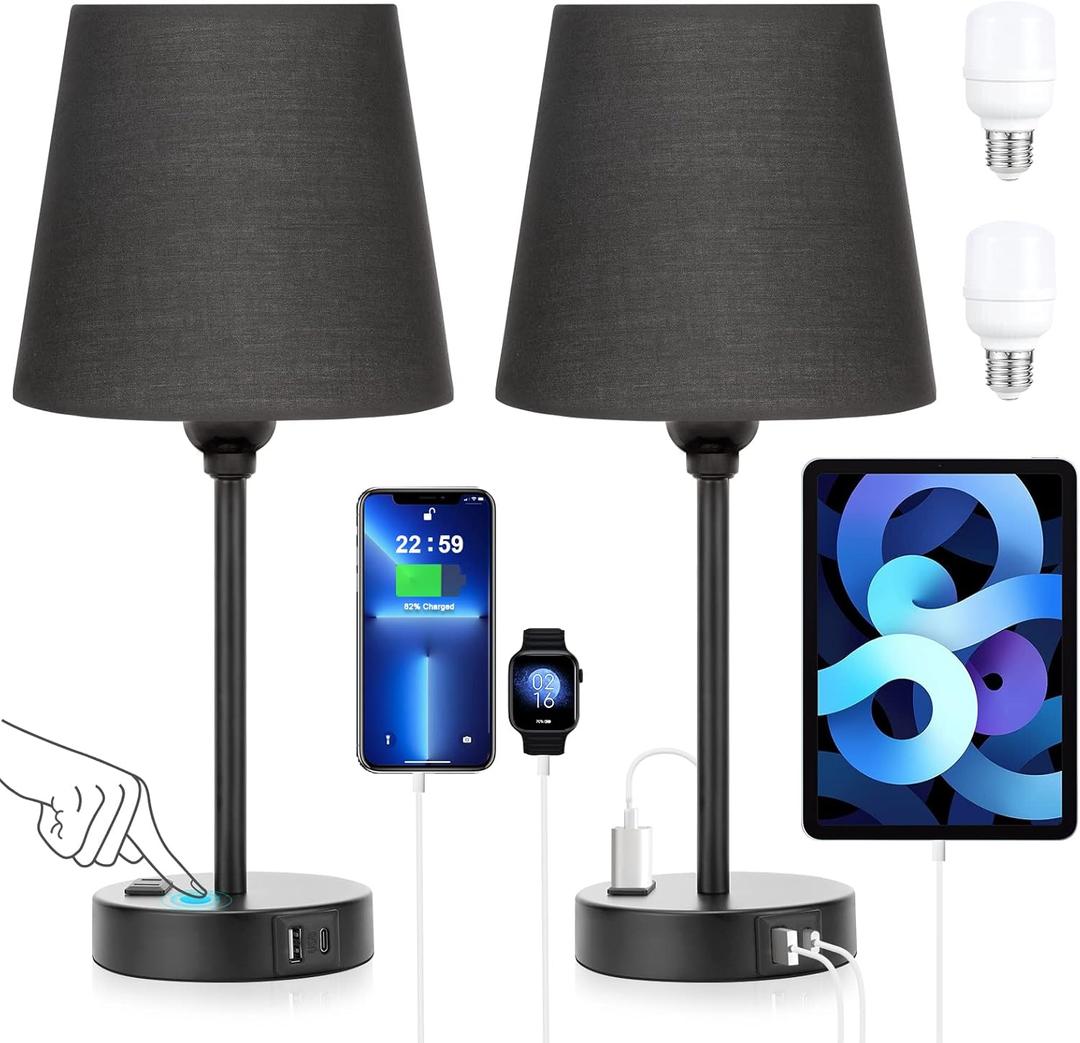 Acaxin Black Lamp for bedrooms Set of 2 - Nightstand Bedroom Lamp with USB C Port and AC Outlet Charging, 3 Way Dimmable Touch Control Bed Side Table Lamp, Small Night Stand Light for Men/Kids