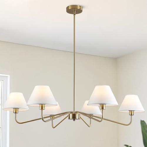 37" Brushed Gold Dining Room Light Fixture, 6-Lights Modern Chandeliers with White Fabric Shade, Classic Farmhouse Ceiling Light Brass Pendant Lighting for Kitchen Island Living Room Bedroom Hallway