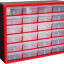 Akro-Mils 24-Drawer Plastic Drawer Storage Cabinet for Garage Organization, Bead Organizer, Building Bricks Storage, Teacher Toolbox, Makeup Organizer, 20-Inch W x 6-Inch D x 16-Inch H, 10124 Red