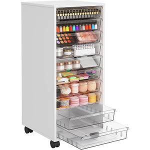 WOPITUES Storage Drawer Cart, Mobile Storage Cabinet, Makeup Storage with 10 Large Clear Drawers, Utility Wooden Rolling Cart on Wheels, for Cosmetic, Art Craft, Office Supplies, Toy, White