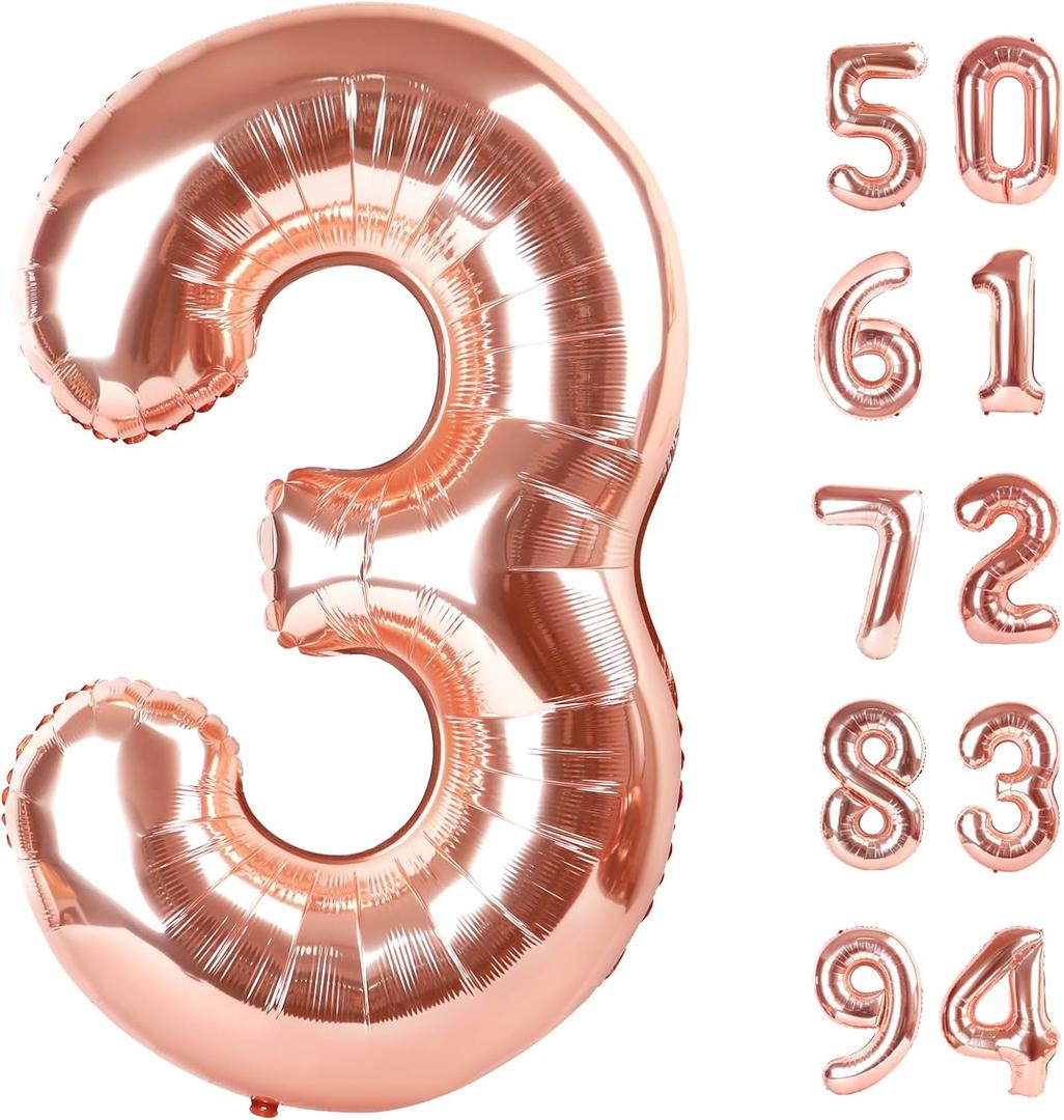 Rose Gold 3 Balloon, Number Balloons 40 Inch, 3rd Birthday Decorations for Kids Girls Boys, Men Women Party Supplies for Party Decorations, Number 3 Balloon