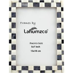 Lahumzco 5x7 Gray and White Bone Inlay Picture Frame – Handmade Curved Checkerboard Pattern Photo Frame – Decorative Frame for Home, Desk, Shelf, Wall Display