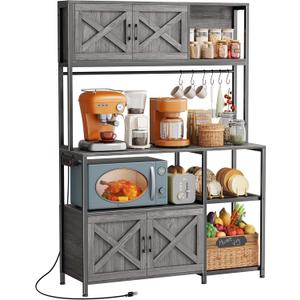 Huuger Large Bakers Rack with Power Outlet, Kitchen Microwave Stand with Cabinets, Coffee Bar Table Station with Storage, 6 S-Shaped Hooks, Mesh Shelves, 45 Inch Wooden Top, Grey