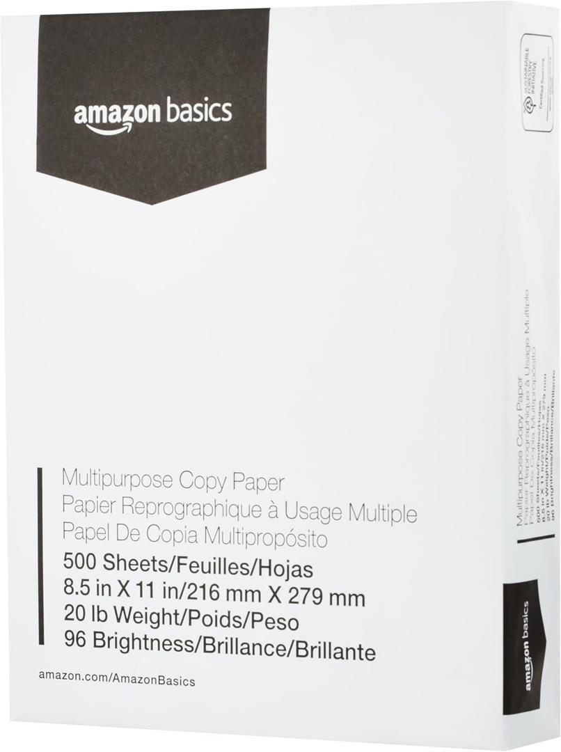 Amazon Basics Multipurpose Copy Printer Paper, 8.5 x 11 Inches , 20 lb, 1 Ream, (500 Sheets), 96 Bright, White