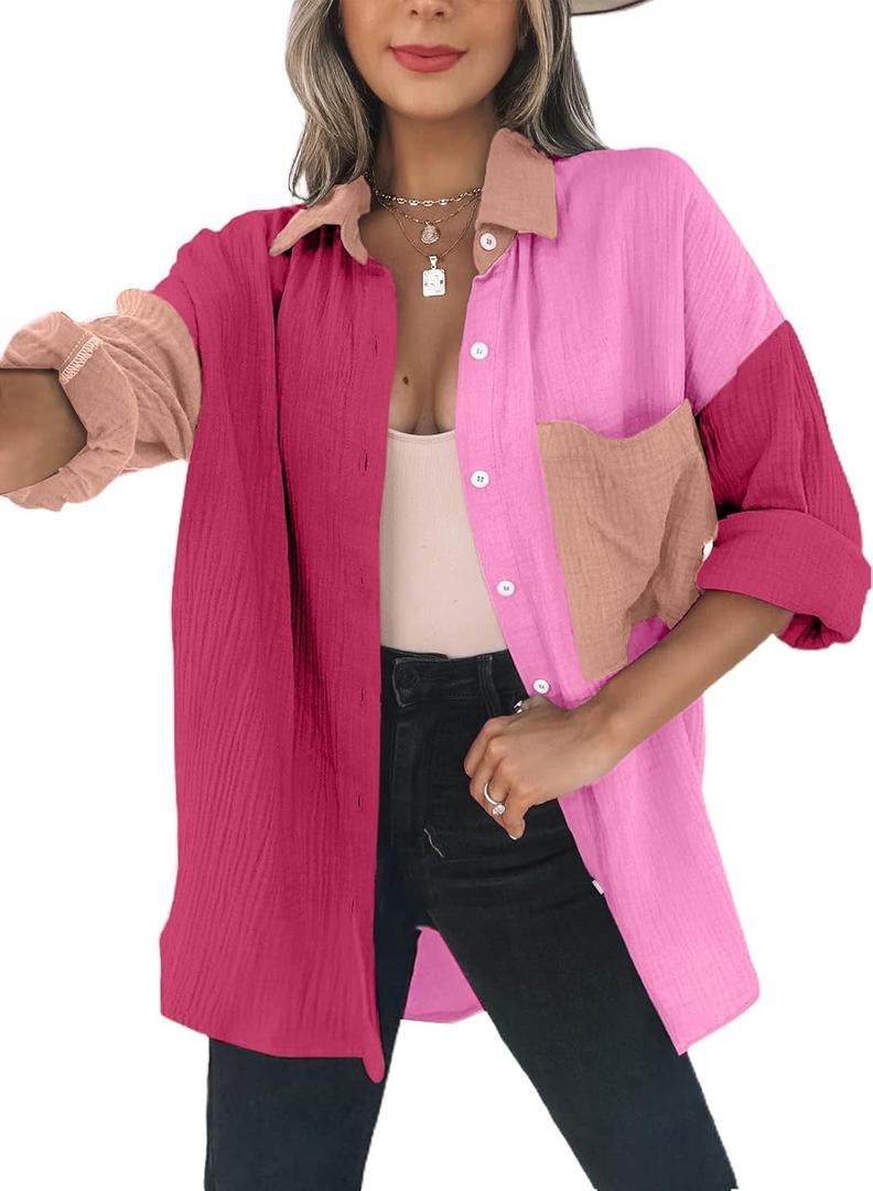 Dokotoo Womens Color Block Button Down Shirts Long Sleeve Oversized Boyfriend Blouses Tops (Large, 2 Rose)