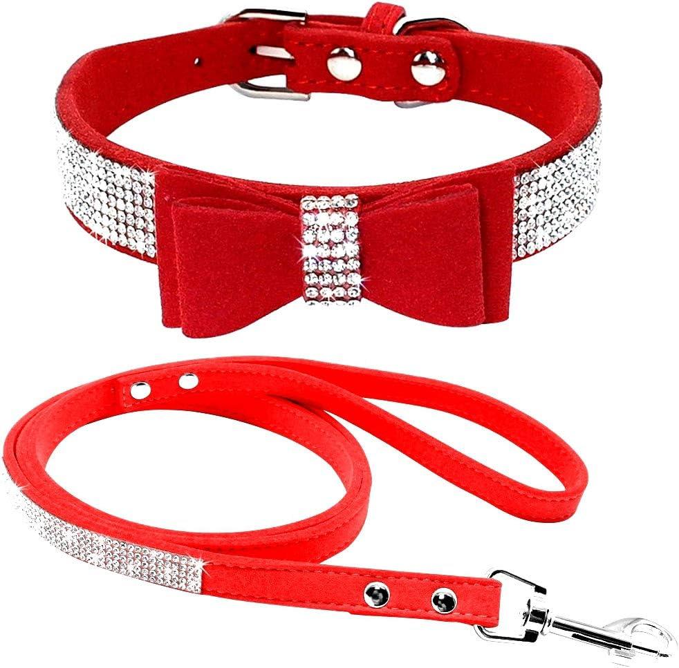 Cute Dazzling Sparkling Elegant Fancy Soft Suede Leather Bling Rhinestone Crystal Jeweled Pet Cat Dog Puppy Collar Dog Leash Combo Set (M, Red-1)