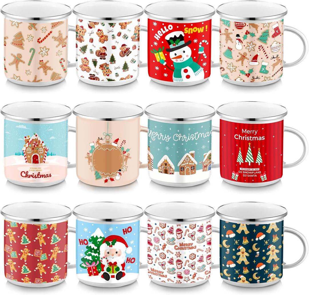 Sliner 12 Pcs Christmas Enamel Mugs, 12 oz Coffee Mugs Bulk Hot Chocolate Mug Set Cute Enamel Tea Cups Winter Holiday Christmas Employee Gift for Family Coworkers (Gingerbread Carnival)