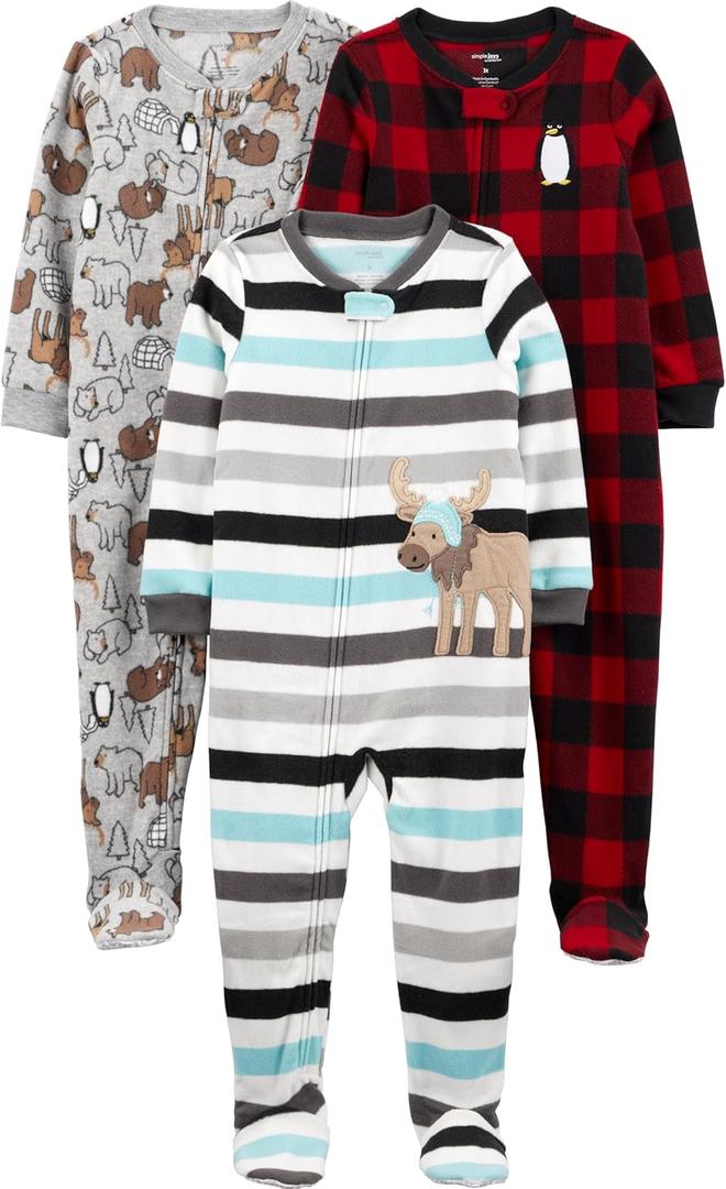 Simple Joys by Carter's Baby-Boys Loose-Fit Flame Resistant Fleece Footed Pajamas, Size 12 Months  (Buffalo Check/Polar Bear/Stripe)