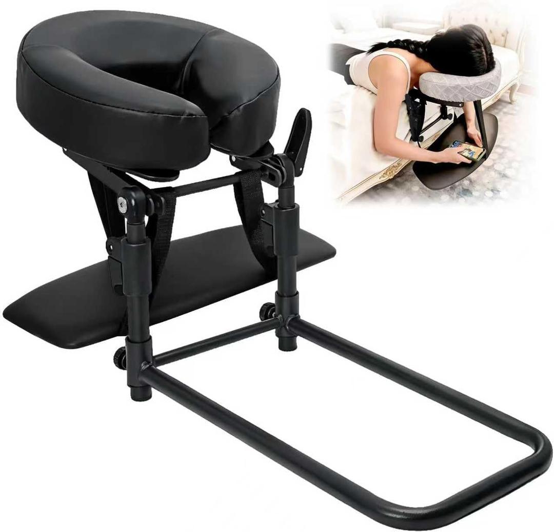 Massage Headrest for Bed with Arm Rest,Adjustable Face Cradle for Home Massage Kit,Portable Bed Massage Head Holder & Face Down Pillow After Eye Surgery,With Pillow Covers (Fabric & PU Leather),Black, 5 inches x 17 inches x 12 inches