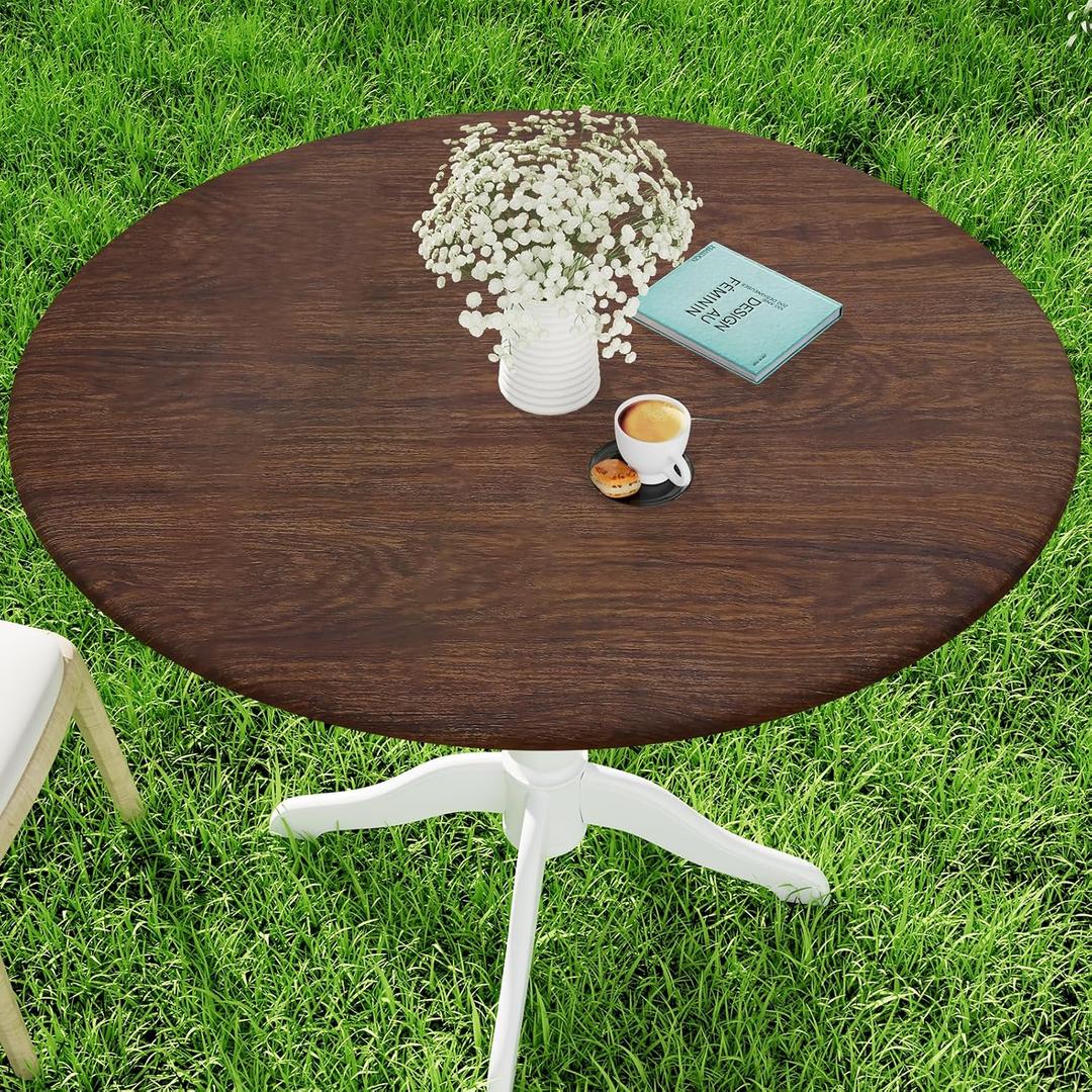 Moosfor Spandex Elastic Fitted Round Tablecloth for 45"-56" Tables, Stretch Washable Reusable Table Cover for Outdoor Picnic, Camping, Dining, Kitchen, Patio and Party, Oak Wooden Grain