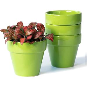 YBX 4-Inch Ceramic Plant Pots Outdoor Garden Planter Round Flower Pot with Drainage Hole Green (Pack 4)