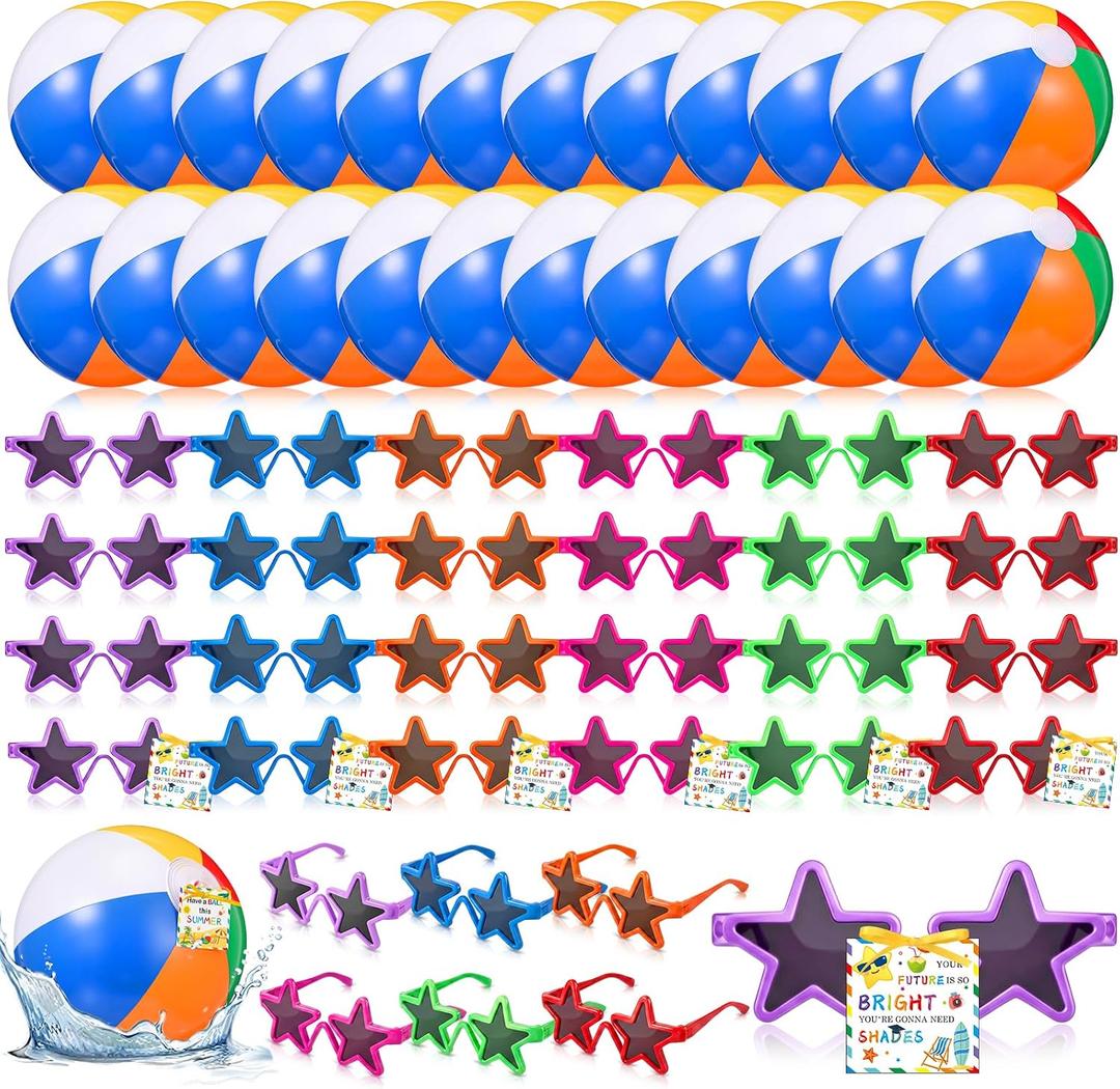 Lunmon 97 Pcs End of Year Student Gifts, Inflatable Beach Balls Sunglasses Bulk Sets with Inspirational Card Tags End of the School Year Summer Decorations Pool Party Supplies (Trendy)