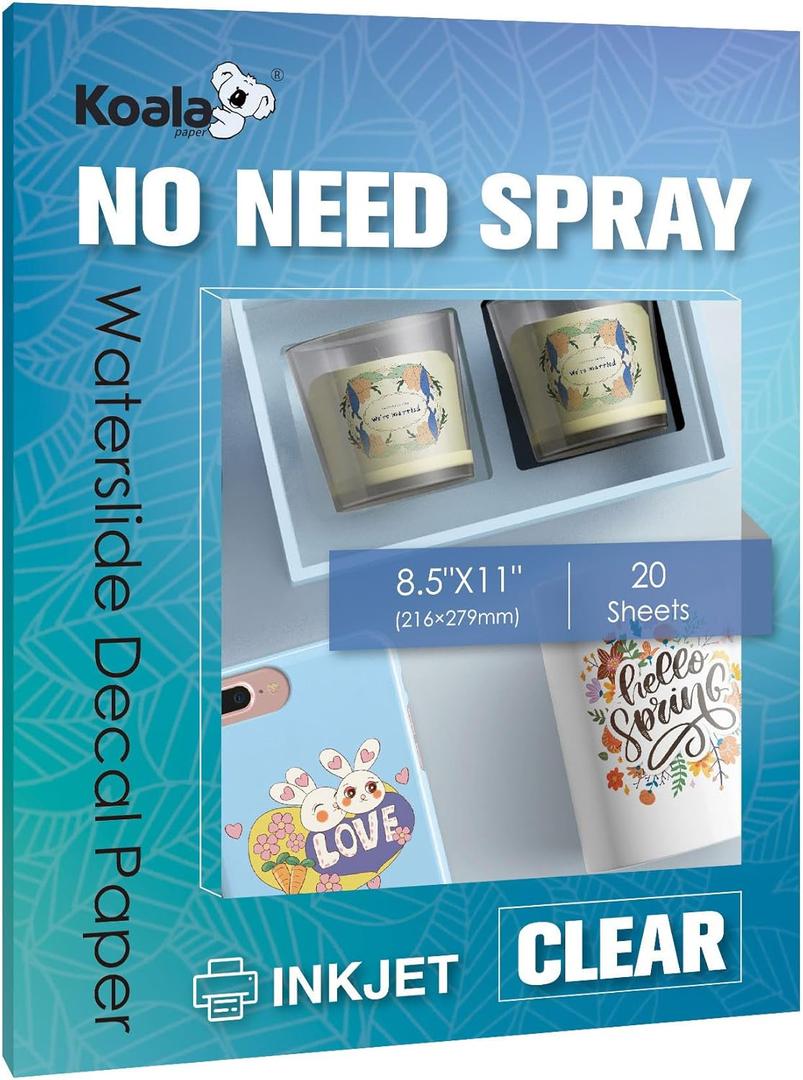 KOALA Waterslide Decal Paper INKJET CLEAR, No Spray Coating Water Slide Decal Paper for DIY Tumbler, Mug, Nail Crafts, 8.5x11 Inches 20 Sheets