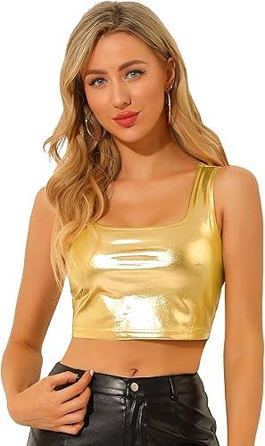 Allegra K Women's U Neck Sleeveless Halloween Party Clubwear Holographic Shiny Metallic Crop Top, Size Large, Gold