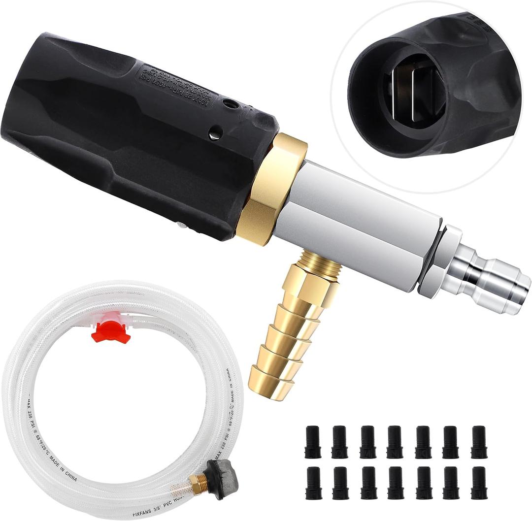 Adjustable Long Range Downstream Injection Nozzle Kit 4-4.5 GPM, Pressure Washer Spray Nozzle, High Power Washing External Chemical Injector with 1/4 Quick Connect, 2500 to 4000 PSI (15 FT Hose)
