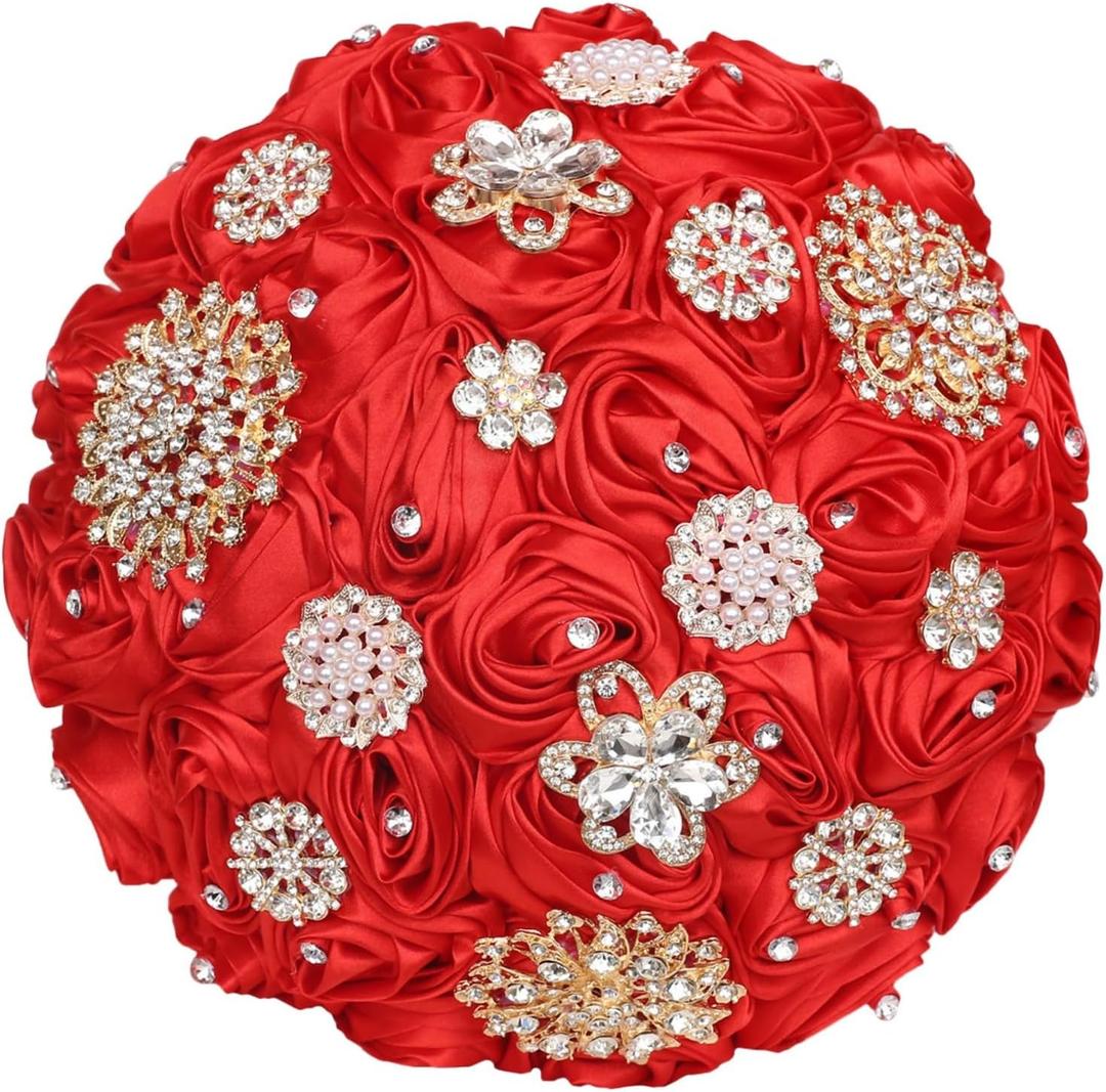 Red Handmade Wedding Bridal Bouquet with Luxury Gold Rhinestone Brooch Satin Rose Flower Bouquet for Bride Bridesmaid Quinceanera Wedding Bouquet Red 7.5in (Medium (DIA. 7.5"/19cm))