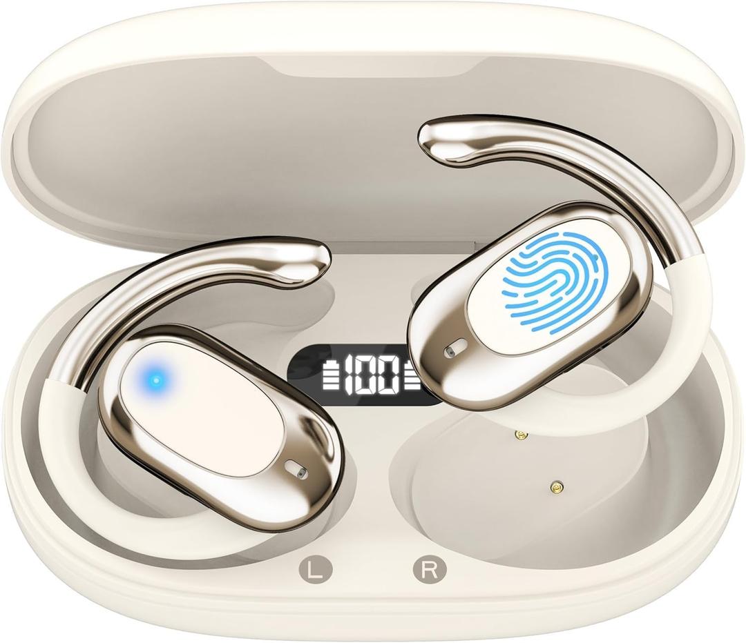 ZINIG Open Ear Earbuds, Bluetooth 5.4 Wireless Earbuds with Ear Hooks, 32H HiFi Stereo Open Ear Headphones with Clear Calls, IPX7 Waterproof Lightweight Sport Headphones, Off-White