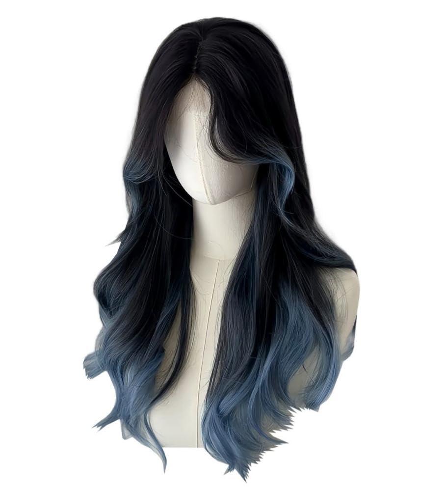 Black Blue Ombre Long Wavy Wig for Women Middle Part Synthetic Curly Hair Wig Curtain Bangs Natural Looking Heat Resistant Wigs for Daily Use