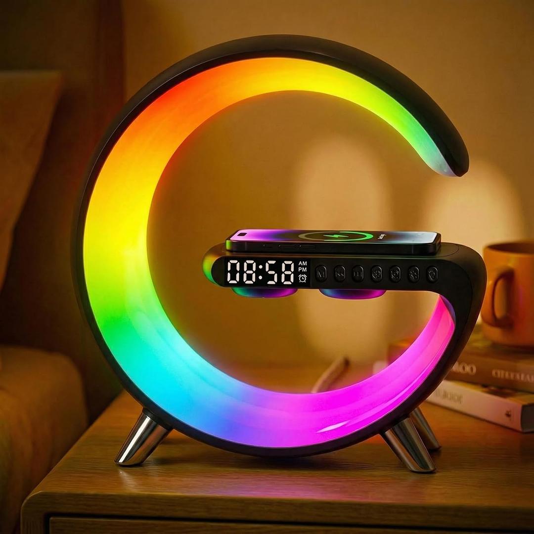 Smart LED Table Lamp for Bedroom with Wireless Charging Bluetooth Speaker, App Controlled Night Light for Kids, Christmas Birthday Gifts for Teens Adults Desk Office Bedroom Decor (Black