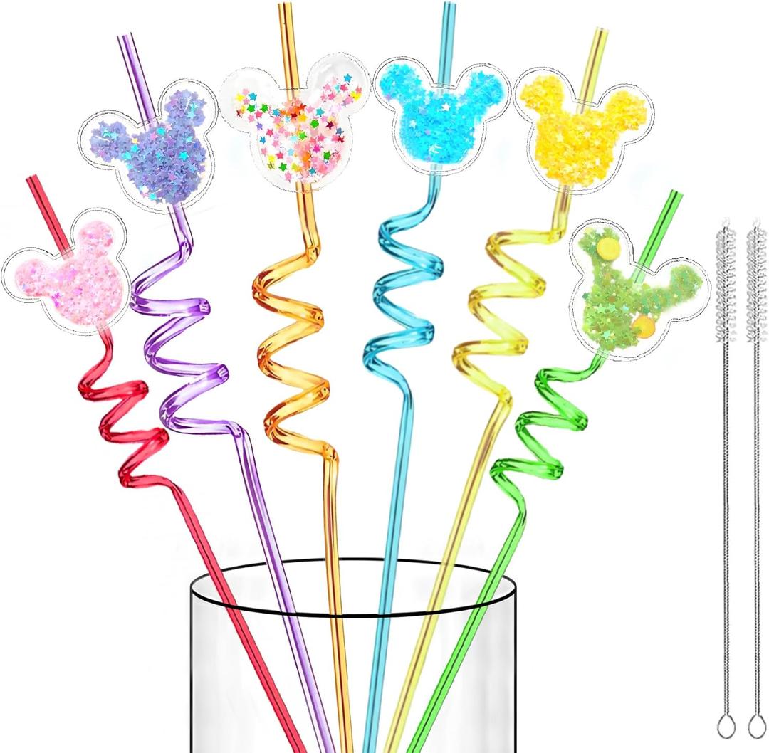 24 Glitter Mouse Ear Party Favors-Reusable Drinking Straws-Birthday Oh Twodles Party Supplies- Plastic Straws for Boys Girls Party Decorations,Princess Theme Crazy Silly Straw with 2 Cleaning Brushes