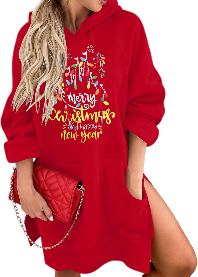 KIMSOONG Womens Christmas Dress Xmas Tree Sweatshirt Dress Drawstring Hoodie Oversized Casual Split Hem Tops with Pocket, Large
