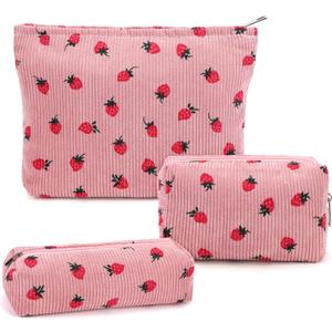 3 Pcs Makeup Bag Cosmetic Bag Set for Girls Women Travel Organizer Bathroom Toiletry Pouch Large Capacity Storage Bag (Strawberry Pink)