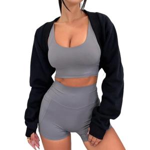 MISSACTIVER Women's Long Sleeve With Thumb Hole Bolero Shrug Top Open Front Fleece Loose Fit Cropped Shawl Sweatshirt Workout (Black) S