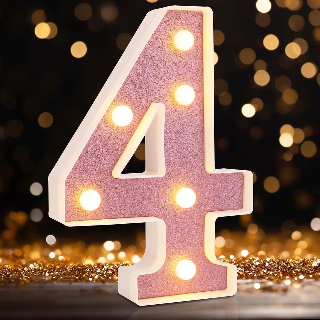LED Marquee Numbers, Light Up Numbers for Party, Small Light Up Letters, Battery Powered Lighted Number for Birthday or Home Decor (Pink Glitter 4)