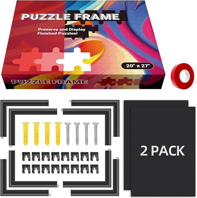 (2-Pack) Calvana 20x27 Black Puzzle Frame for Jigsaw Puzzles, 1000 Piece Puzzle Picture Frame Kit, Puzzle Display Framing Kit, Mounting & Hanging Accessories, No Glare Design, Easy Assembly