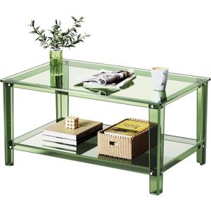 Acrylic Coffee Table with Storage Shelf,Rectangle Living Room 2-Tier Center Table for Small Spaces (Rectangle, Green, Nomal)