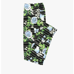 Lularoe Tall Curvy (TC fits Sizes 12-18) Roses Stripes Pink Black Green Gray Buttery Soft Adult Leggings, Pack Of 2