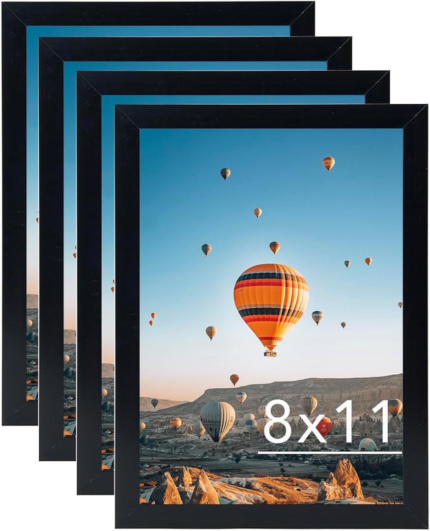 8x11 Picture Frame Set of 4 Black for Wall Hanging or Tabletop, Wall Mounting Horizontally or Vertically, 8 x 11 Square Wall Gallery Poster Photo Frame with Shatter Resistant Plexiglass, 4 Pack, Black