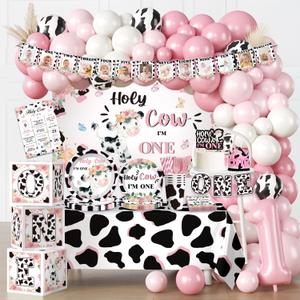 cocomigo 232pcs Holy Cow I'm One Birthday Decorations Complete Party Set, Holy Cow I'm One Theme 1st Birthday Decorations Girl, for Cow Print Theme Party Serves 20 Guests
