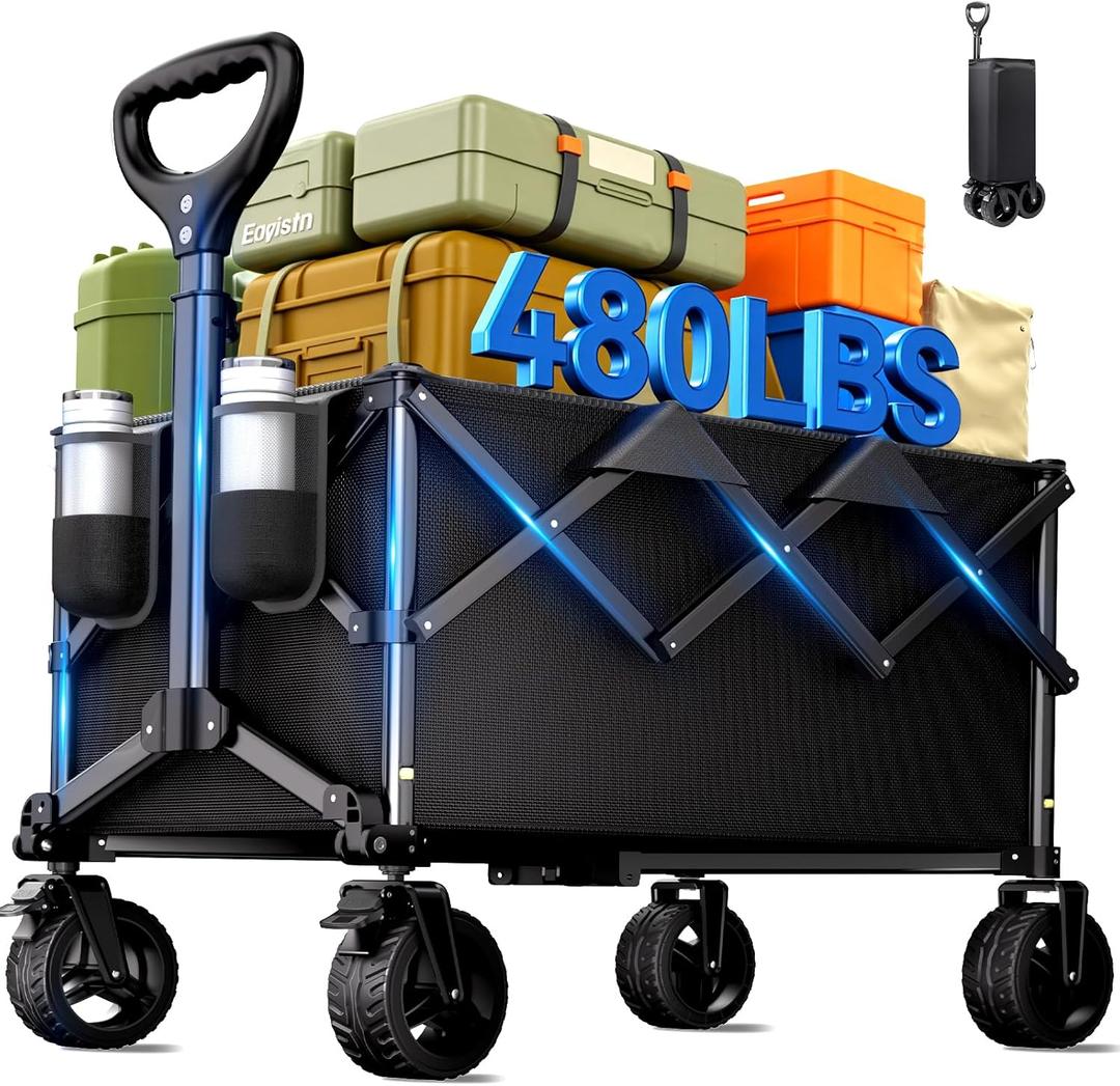 Collapsible Wagon Cart with Universal Wheels, 480LBS Wagons Carts Heavy Duty Collapsible Wagon with Cup Holders, Utility Beach Carts for Camping, Garden, Shopping, Fishing, Sports (Black)