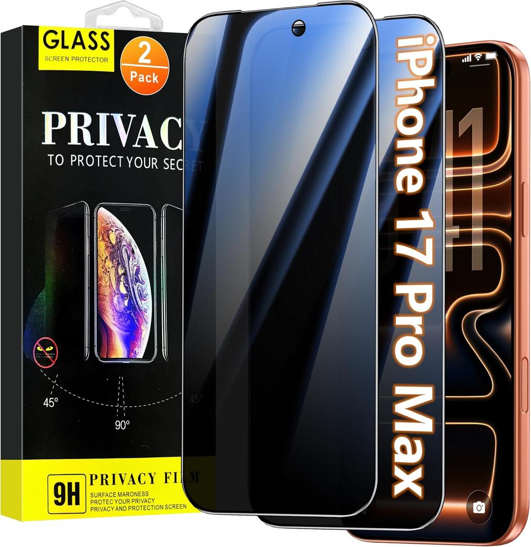 Oterkin 2 Pack Privacy Screen Protector for iPhone 17 Pro Max 6.9'' Tempered Glass Private Saver Anti-Spy Eye Protection Full Coverage Anti-Scratch Case Friendly