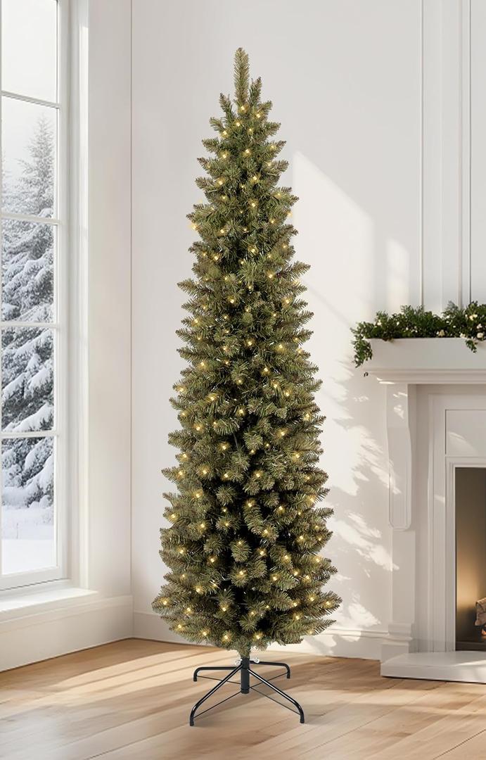 Annecy 6ft Pre-Lit Fir Pencil Christmas Tree, Green Classic Artificial Slim Skinny Christmas Tree for Home, Office, Shop, Party Decoration w/ 400 Tips, 200 Warm White Lights, Metal Hinges & Base, 6 ft