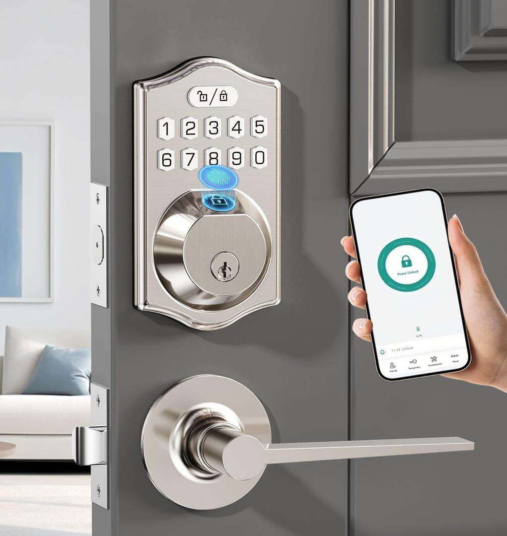 keyless Entry Door Lock deadbolt with Handle Set- Front Door Fingerprint Smart Locks with 2 Lever Handles-Keypad Code Deadbolt -App Control,Auto Lock,Easy to Install (Silver)
