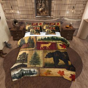 Erosebridal Rustic Farmhouse Comforter Set 7 Pcs Queen,Retro Cabin Lodge Down Comforter,Hunting Bear Deer Bed in a Bag,Country Maple Leaves Duvet Insert,Rustic Woodland Pine Tree Sheets,Red Brown