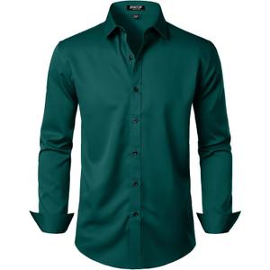 EMITOP Men's Stretch Wrinkle Free Dress Shirts Formal Wedding Prom Long Sleeve Button Down Shirt Emerald Green M