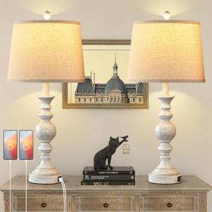 SRJJRS Farmhouse Lamp for Bedroom Set of 2, Rustic Table Lamp with Dual USB Charging Ports, 28" Tall Table Lamps with Linen Shade for Living Room, Bulb Not Included (Rotary Switch-off white)