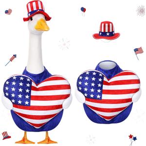 4th of July Porch Goose Outfit Patriotic Pillow Design with Top Hat for 23" Lawn Cement Goose Independence Day Garden Patio Yard Outdoor Decorations (Heart)