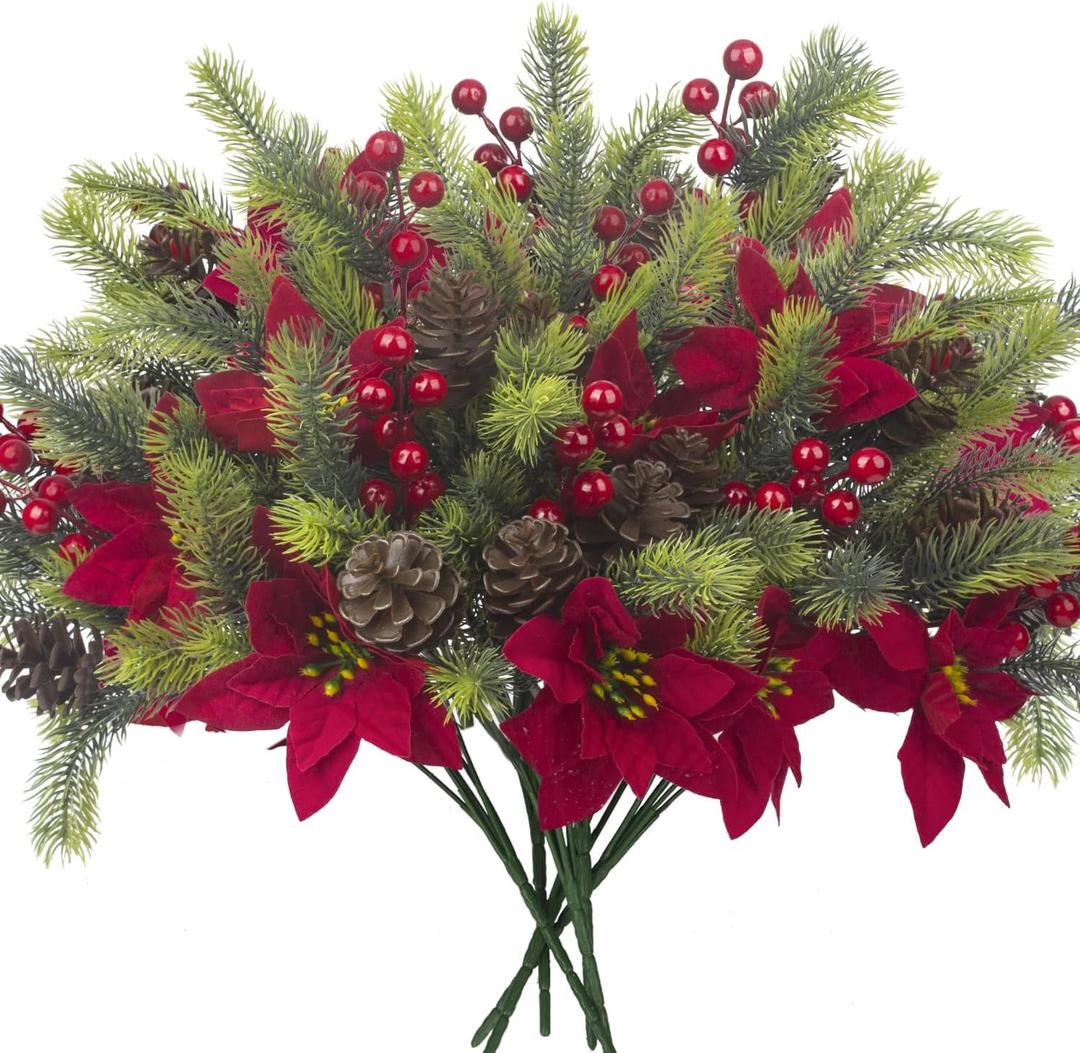 8PCS Artificial Flowers Bouquet Christmas Floral Pine Cones Red Fake Berry Picks Stems Holly Holiday Floral Picks for Xmas Tree Party Decoration DIY Indoor Table Centerpieces