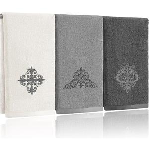 3 Pcs Decorative Gray Hand Towels for Bathroom Kitchen 13.3 x 29.5'' Farmhouse Damascus Luxury Embroidered 100% Cotton Towels Art Decor for Bathroom Kitchen