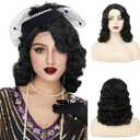 Amnenl Black Curly Finger Wave Wigs for Women Long 1920s Wig Vintage Wigs Lady Synthetic Cosplay Costume Wig